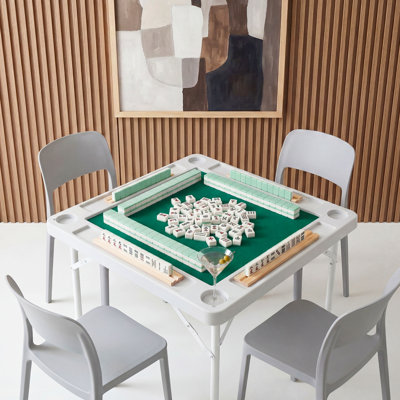 35-Inch Folding Mahjong Table with Cup Holders and Chip Trays, White, Includes Tablecloth