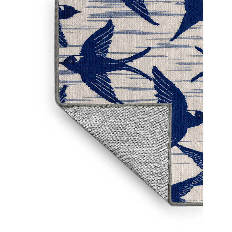  Tapis lavable bleu et blanc à hirondelle, Rectangulaire 2 pi x 3 pi