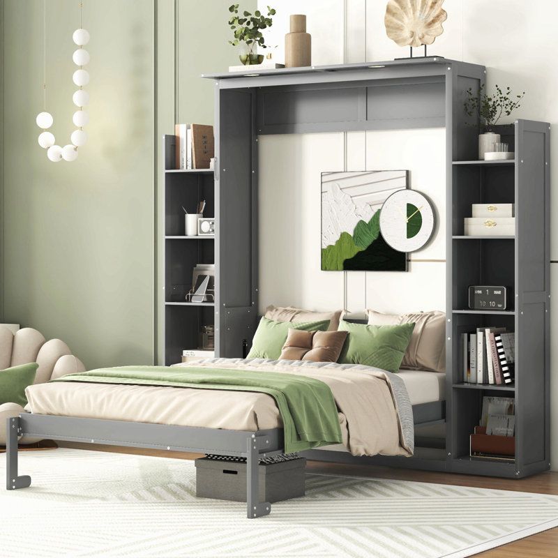 Lit escamotable double avec tablettes et lumières DEL, Gris, Lit double