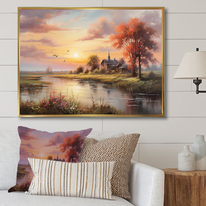 «Sunrise Autumn Country Panorama I», reproduction sur toile, Cadre flottant doré, H 24 po x l 32 po x P 1 po