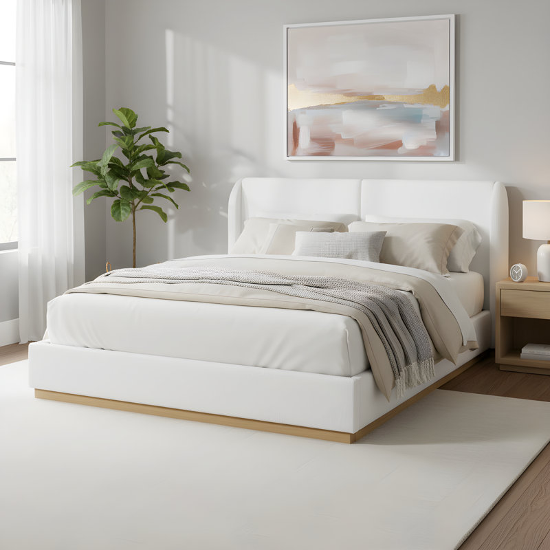 Modern White Boucle Winged Bed Frame With Enclosed Wood Base, Grand lit