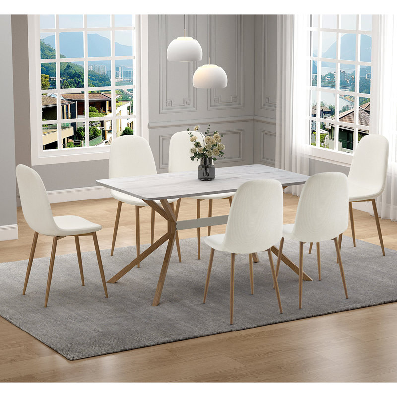 55.1" Rectangular White Wood Veneer Dining Table With 6 Fabric Dining Side Chairs For Kitchen, Dining Room, Living Room