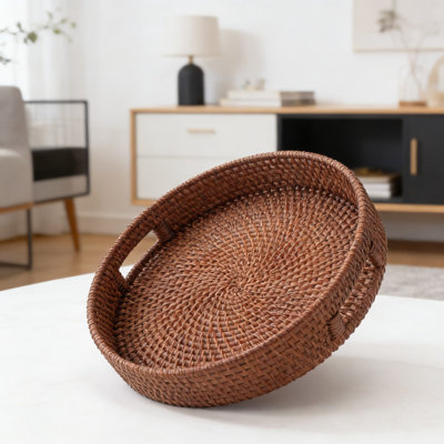 Round Rattan Serving Tray With Handles - 13.8 Inch Woven Wicker Decorative Tray For Coffee Table, Ottoman, And Countertop Organization