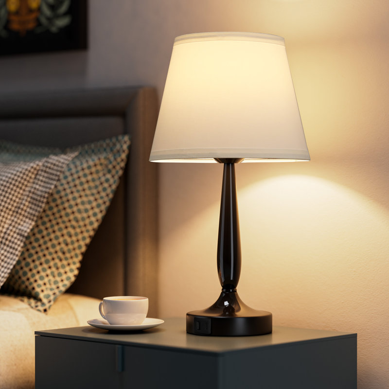 16.5'' Modern & Minimal Pearl Black Bedside Table Lamp with Touch Control and Charging Ports