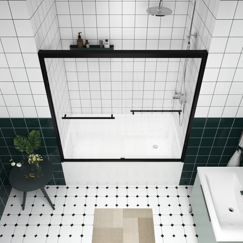 Pare-baignoire double coulissant avec cadre en aluminium, verre trempé de 6 mm de 1/4 po, quincaillerie noire, conception de poignée, configuration réversible, porte de salle de bain imperméable 56 - 60 po x 58 po avec cadre en aluminium épaissi, Crash