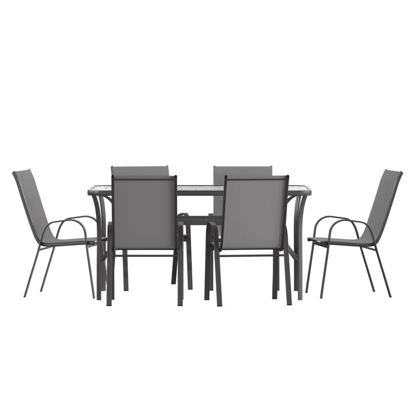 Aundreia Commercial 7 Pc Outdoor Patio Dining Set with Glass Table and 6 Chairs, Black/Gray