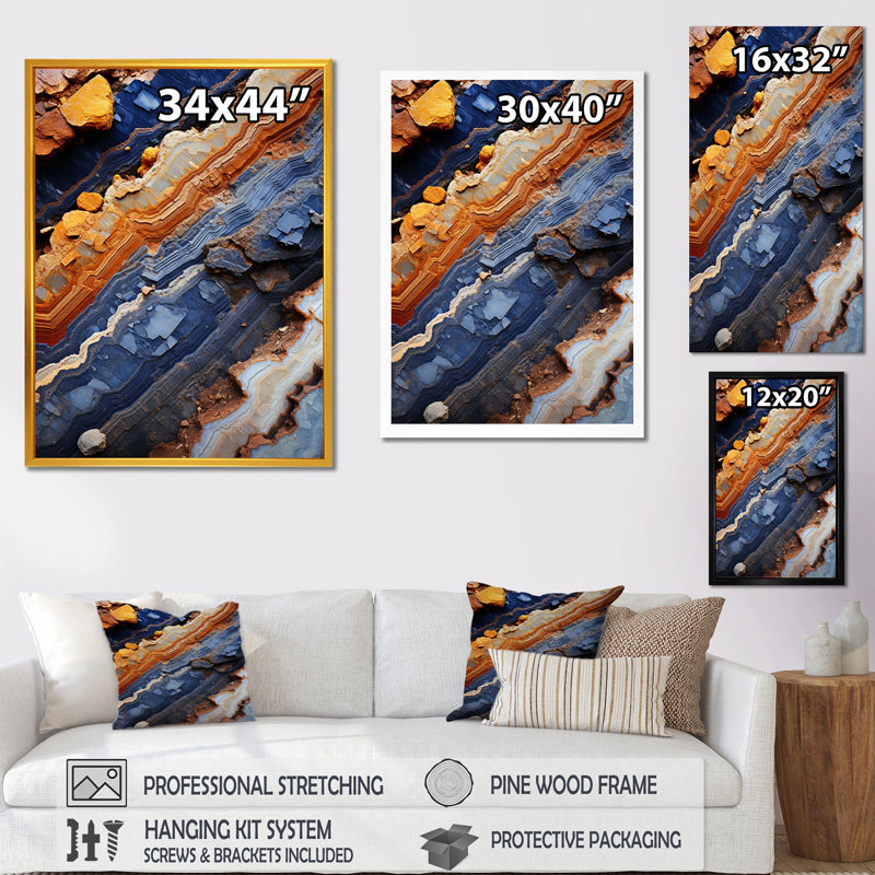 Tourmaline bleue et orange - art mural pierre géode, Cadre simple noir, H 32 po x l 16 po x P 1 po