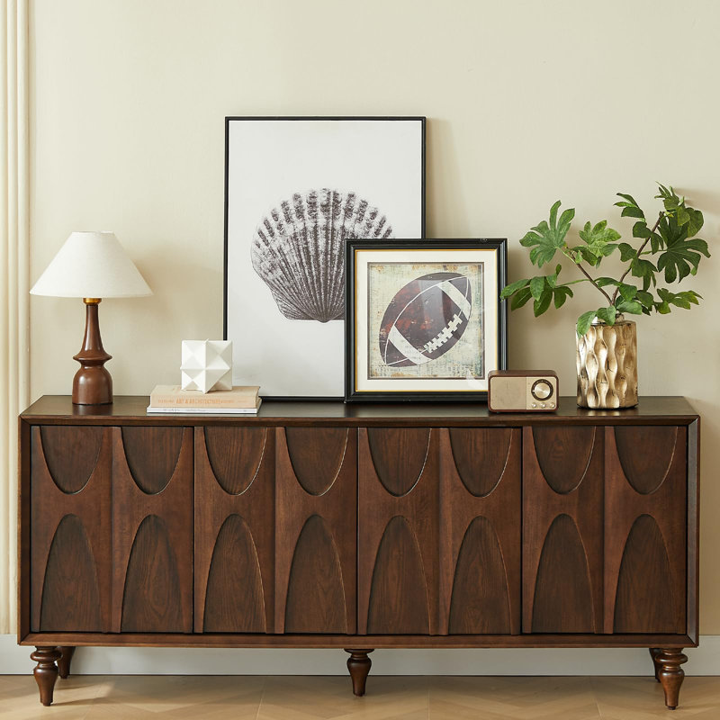 Solid Wood Fluted Buffet Cabinet with 4 Doors, Walnut Finish, Walnut
