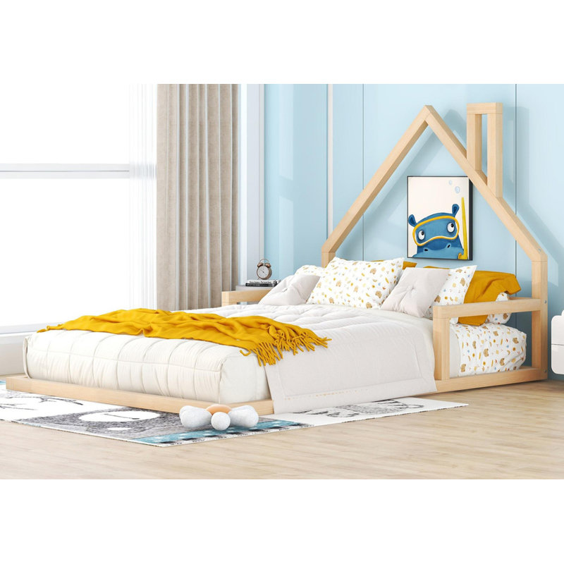 Lit double au sol en bois naturel, Lit double