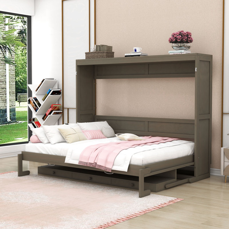 Lit escamotable en bois avec coiffeuse intégrée et 2 tiroirs, Gris patiné