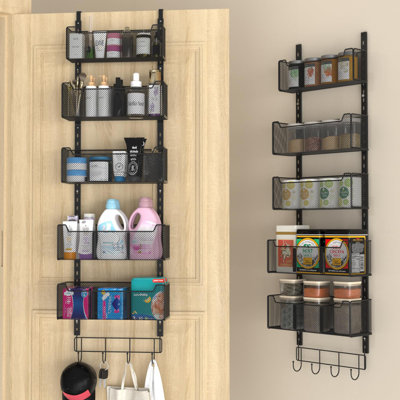 Over The Door Organizer, Metal Door Organizer Hanging With 5 Adjustable Baskets And Coat Hook, Behind The Door Storage , Black
