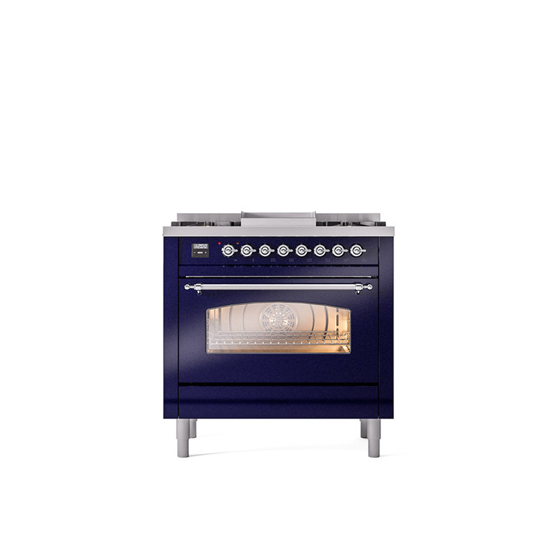 ILVE Nostalgie II Series 36 inch Dual Fuel Range with 6 Burners, Griddle (Glass Door), Midnight Blue/Chrome, Liquid Propane