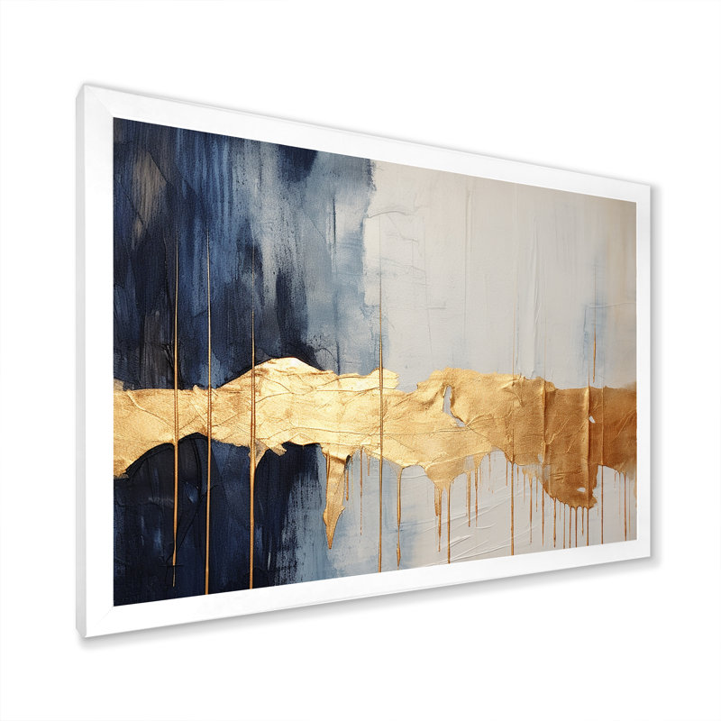 Waves Of Joy Minimal Nova - bleu et or I - peinture abstraite, art mural, H 12 po x l 20 po x P 1 po, Cadre photo blanc