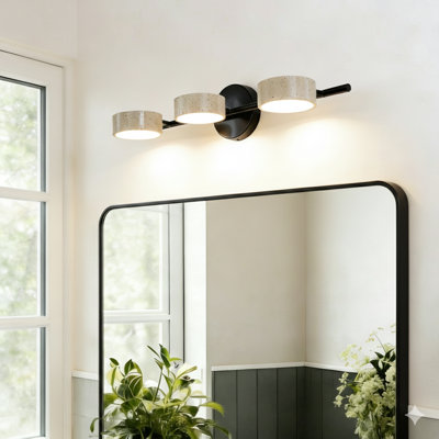 Modern 3-Light Adjustable Wall Sconce with Travertine Stone Shades and Black Metal Backplate, Dimmable LED Vanity Light