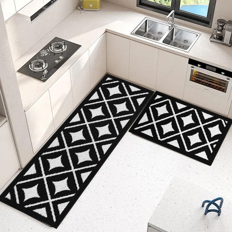 Kitchen Mats, Machine Washable, Non Slip Kitchen Rugs, 3 Piece Set, Black