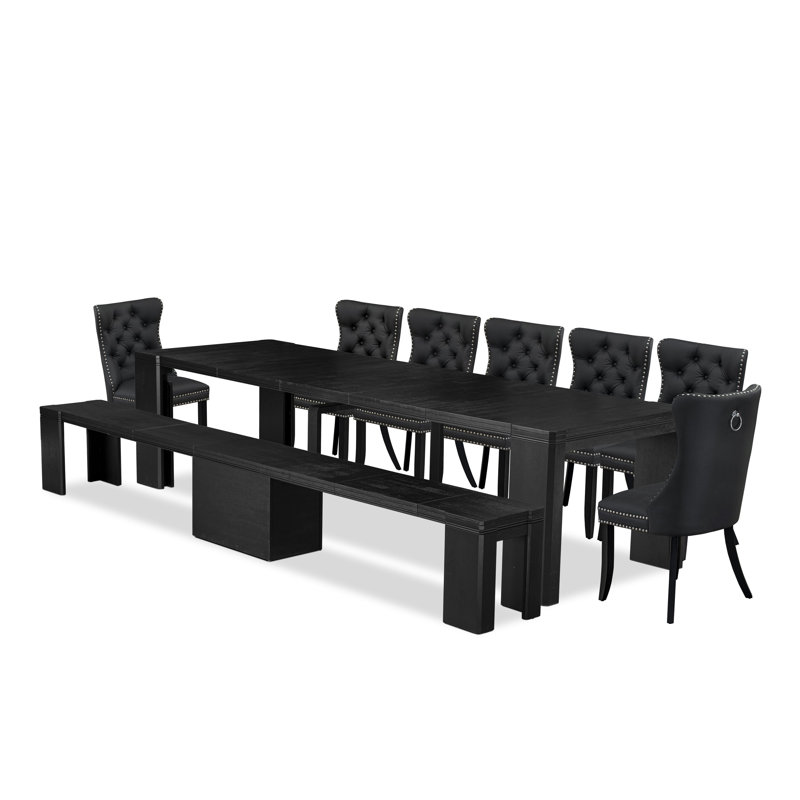 9 Pieces Extendable Dining Set Includes a Rectangle Xtenczar Table, 7 Polyester Dining Chairs and 1 Modern Bench - (Finish Option)