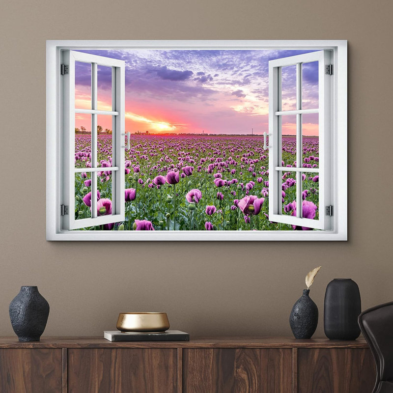 Window Scenery " Sunset Purple Orchid Daisy Flower Field Wilderness Nature ", H 24 po x l 36 po x P 1,5 po