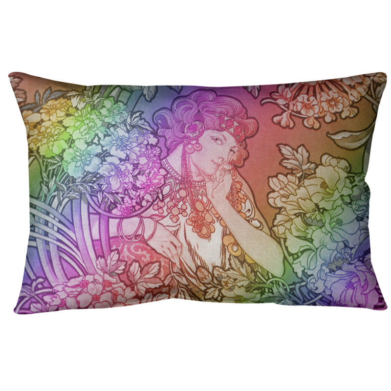 Coussin lombaire à fleurs alphonse mucha, Arc-en-ciel, Simili suède