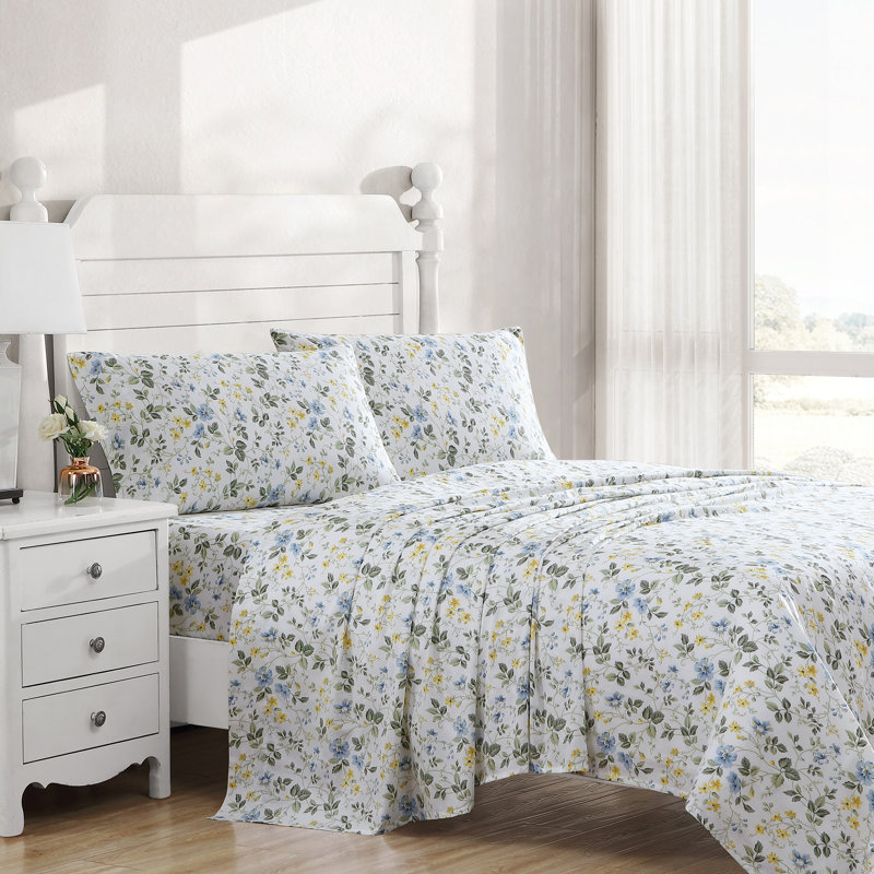 4-Piece 300 Thread Count Sateen Cotton Sheet Set, Queen Sheet Set with 2 Pillowcases, Meadow Floral