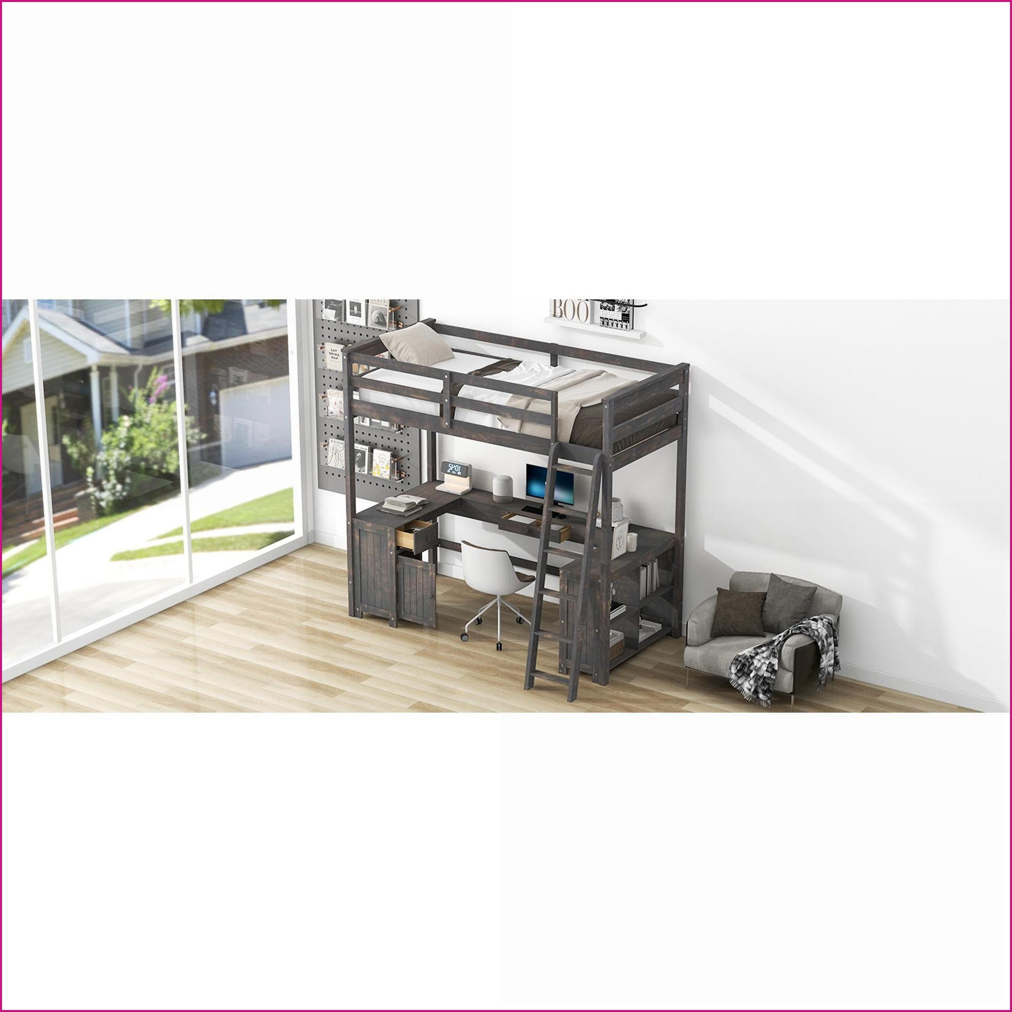 Latitude Run® Twin Size Pine Wood Loft Bed with U-Shaped Desk Storage ...