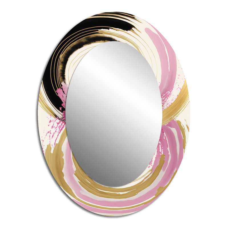 Rose et courbes dorées IV - Miroir décoratif ovale abstrait sur métal, 40 po x 30 po