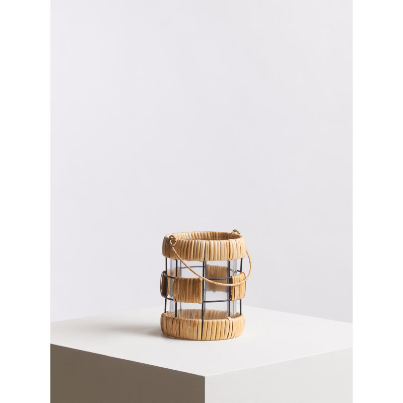 Wicker Tabletop Lantern, Natural/Black, 15cm H x 12cm W x 12cm D