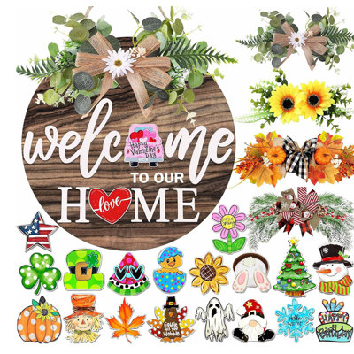 12" Farmhouse Rustic Interchangeable Welcome Sign, 4 Seasonal Wreaths 21 Icons, Front Door Porch Outdoor Home Decor
