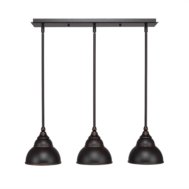 3 Light Stem Hung Linear Pendalier With 7" Double Bubble Metal Shades, Dark Granite