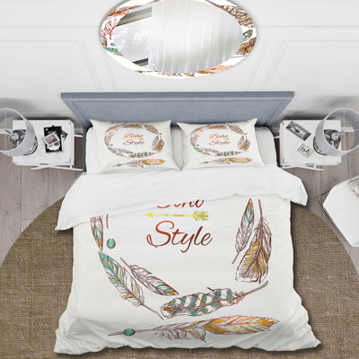 Ethnic Beige Boho Feather - Bohemian & Eclectic Duvet Cover Set - Microfiber Polyester