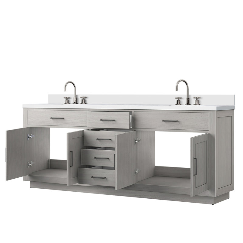Meuble-lavabo double en chêne blanc 84 po X P 22 po D, plateau en marbre de culture et robinet