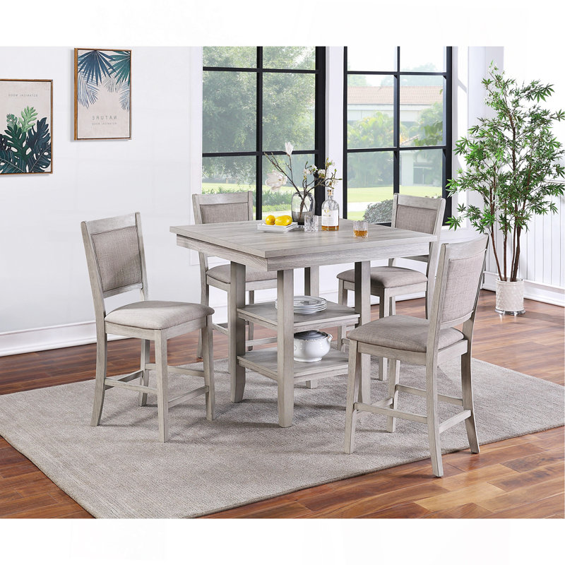 Ensemble de table de salle à manger à hauteur de comptoir 5 pièces, table carrée avec tablettes, coussins, style moderne, gris rustique