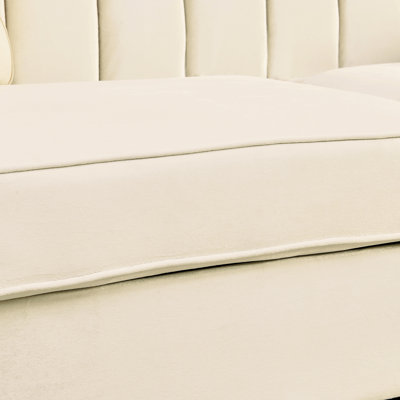 Canapé 3 places de luxe de 206 cm avec 2 coussins, velours beige, détails en acier inoxydable doré, design géométrique inspiré de l'éclair, pieds en métal, esthétique moderne pour le salon, style acier