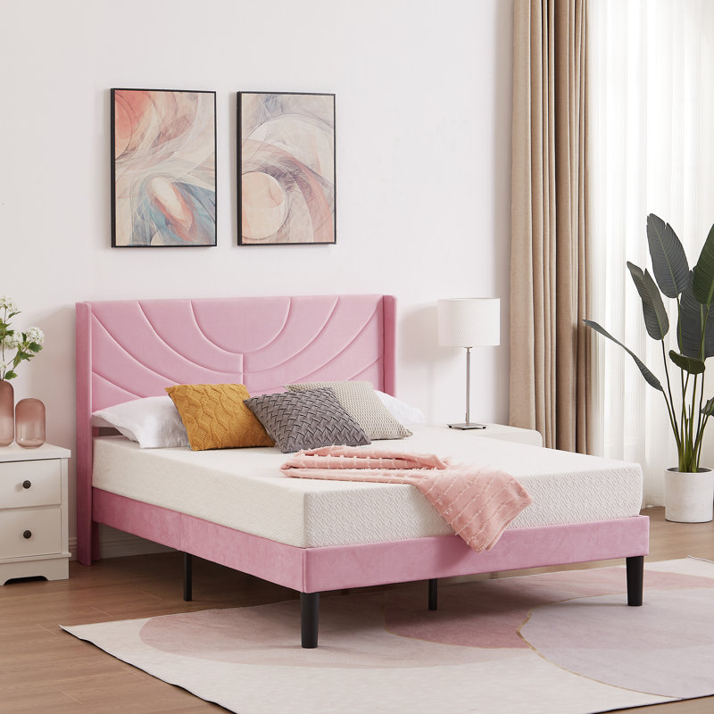 Structure de lit grand format en velours avec tête de lit à oreilles, lit plateforme tapissier avec tête de lit capitonnée à oreilles, support de lattes en bois massif, aucun sommier requis, silencieux, rose