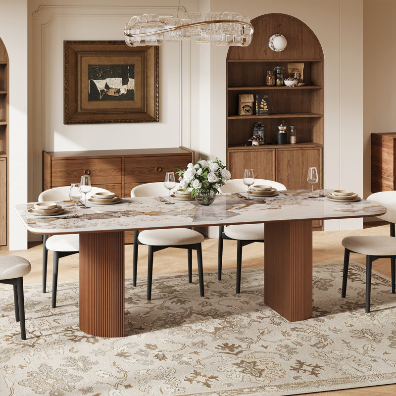 Table de salle à manger moderne 78 "en pierre frittée Pandora, base double en bois cannelé Luury, table de salle à manger contemporaine pour 8 personnes