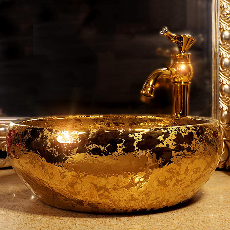 Lavabo vasque en céramique émaillée dorée pour salle de bain