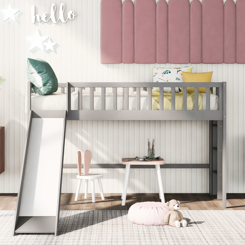 Twin Size Low Loft Bed, Gray - & Slide For A Luxurious Bedroom Bed With And Removable Delight, Gray, Twin