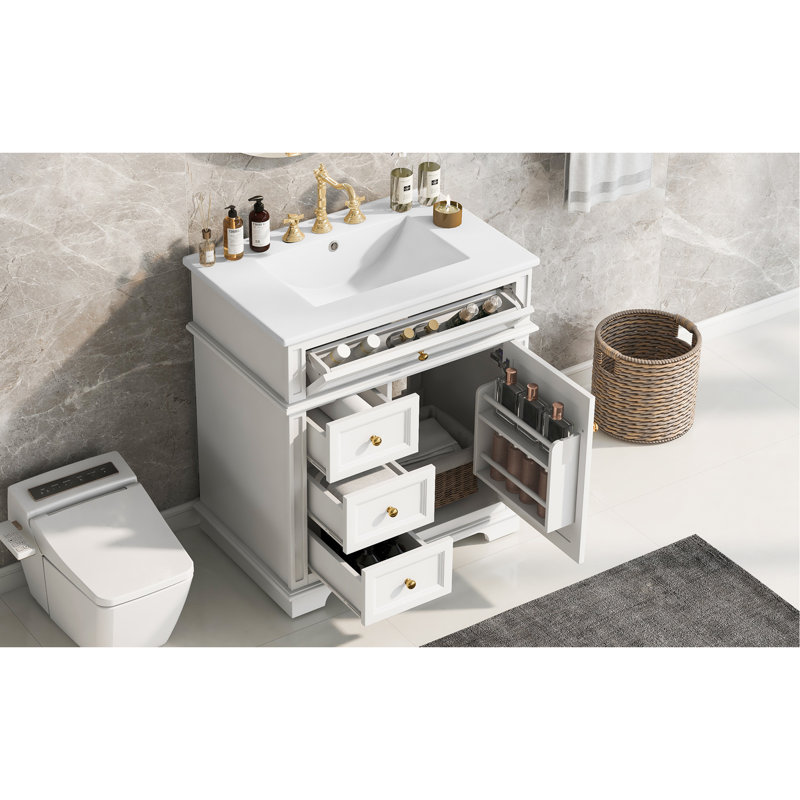 Meuble-lavabo de 30 po avec lavabo, un tiroir basculant, trois tiroirs, tablette de porte, porte à fermeture douce, blanc
