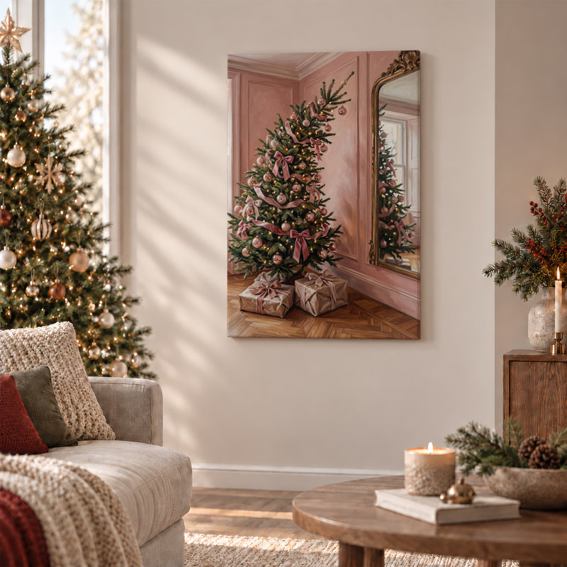 Arbre vert avec rubans roses dans une pièce rose, art mural sur toile de Noël, H 36 po x l 24 po