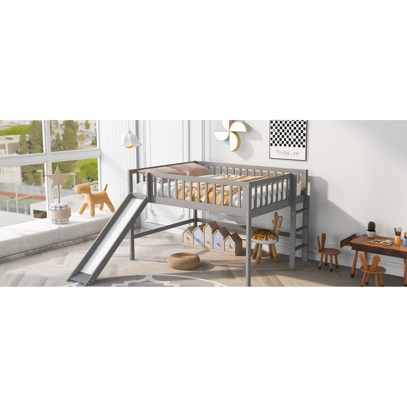 Lit mezzanine bas gris avec glissade détachable et coffre-fort, Lit double, Gris