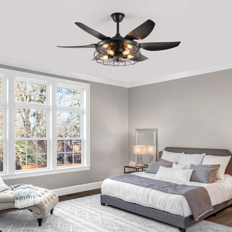 52" Modern Black Ceiling Fan With Light, 6 Fan Blades And Industrial Cage Design, Adjustable Speed For Living Room, Bedroom, Dining Room (Silent/6-Speed/Reversible/DC Motor) (Bulb Not Included)