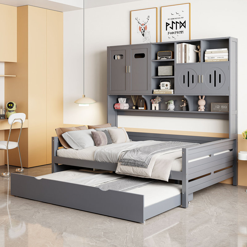 Lit de jour en bois avec couchette, Gris, Complet/Double
