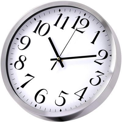 12 Inch Silent Wall Clock With Sweep Movement - Battery Operated, Silver Aluminum Frame, Quartz Mechanism For Home, Kitchen, Office, Or Patio (White)