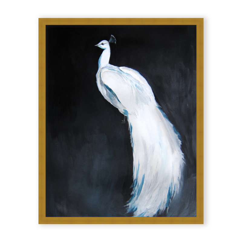 Nature Inspired Alabaster Majesty: White Peacock Against The Night, 30" H x 24" W x 1.125" D, Framed Print, Gold