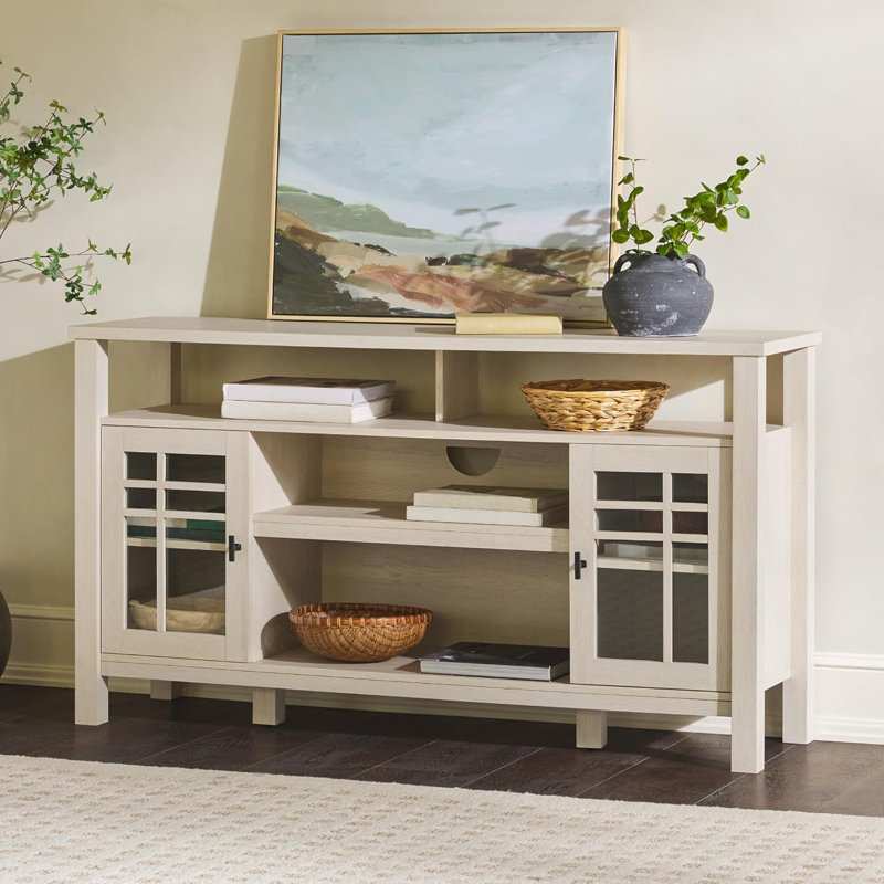 Transitional-Style Windowpane Glass Door Storage Sideboard, 58 Inch, Coastal Oak, Coastal Oak