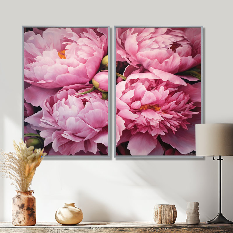 Pivoine rose verte captivante II - impressions sur toile traditionnelles roses, 36" H x 48" W, Silver