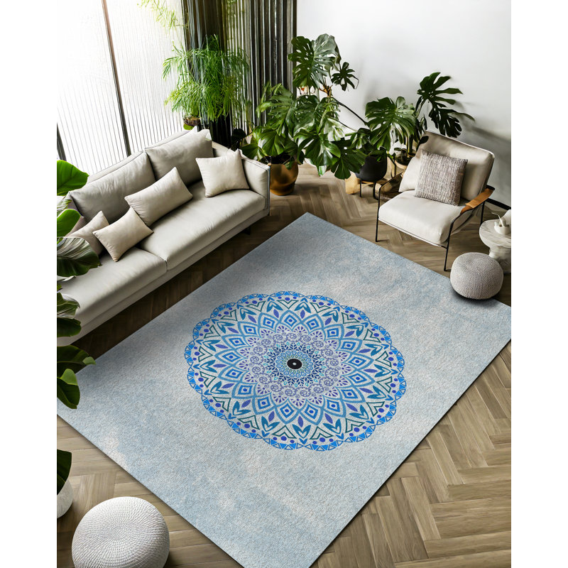 Mandala Collection Digital Print Cotton-Polyester Geometric Blue Gray Rug, Round 6'7"