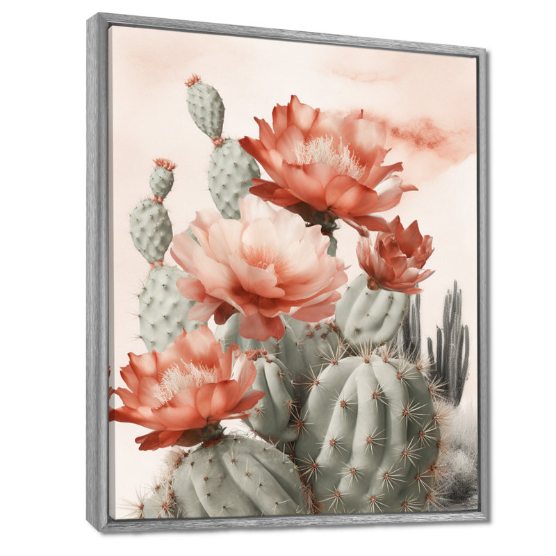 Cactus du désert rouge Louver sur toile, H 20 po x l 12 po, Encadrement argenté