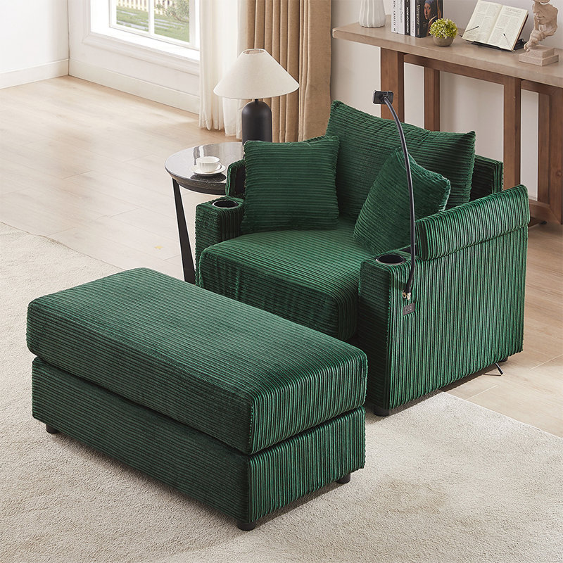 Modern Style Single Sofa Sofa Couch with A Movable Ottoman, Green Corduroy