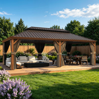 14 x 24 pi Pavillon de jardin en aluminium à toit rigide avec double toit en acier galvanisé, moustiquaire, rideaux d'intimité et crochets de plafond
Pavillon de jardin d'extérieur en grain de bois pour patio, terrasse et cour arrière
