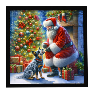 Bouvier australien et père Noël, reproduction d'art encadrée